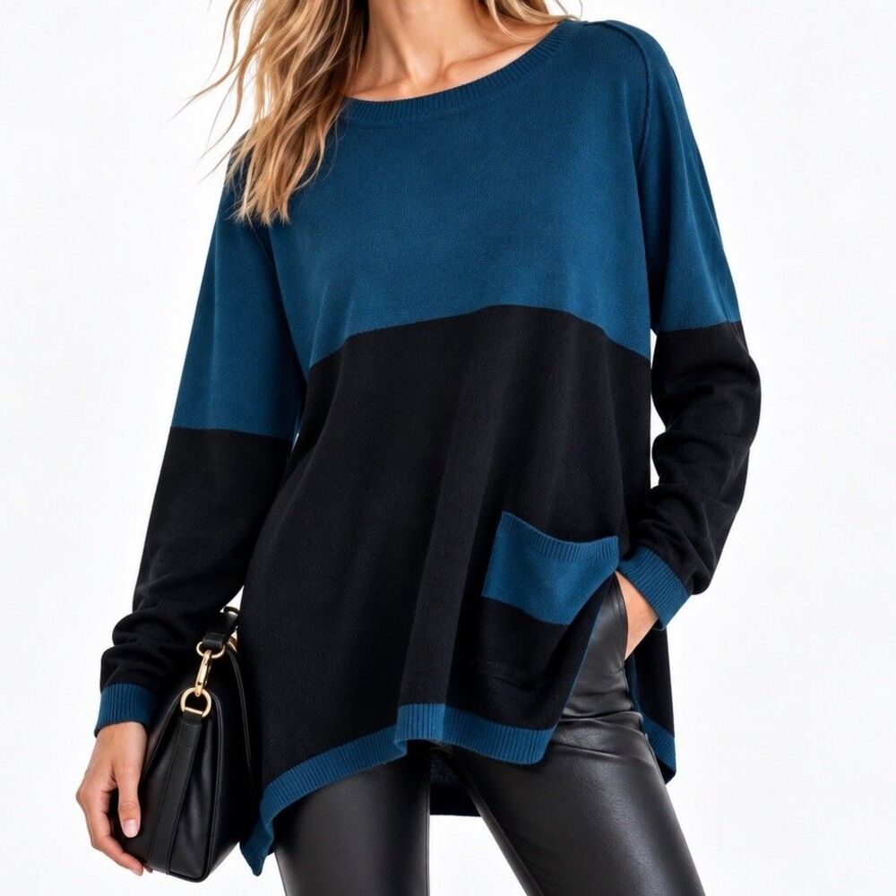 Planet by Lauren G Top Womens OS Black Green Tunic Lagenlook Pima Cotton Stretch